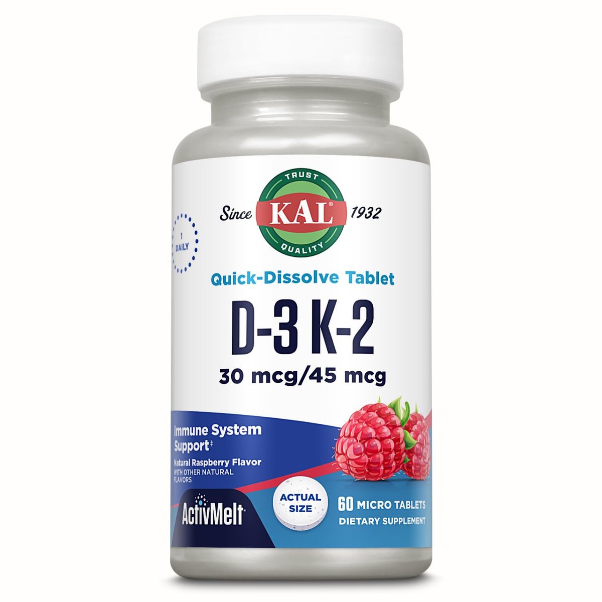 KAL Vitamin D3 K2 ActivMelt – Immun-Unterstützung mit Vitamin D als D3 und MK7 Vitamin K2 für starke Knochen – Schmelztabletten, natürlicher Himbeergeschmack, 60-Tage-Garantie, 60 Portionen
