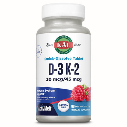 KAL Vitamin D3 K2 ActivMelt – Immun-Unterstützung mit Vitamin D als D3 und MK7 Vitamin K2 für starke Knochen – Schmelztabletten, natürlicher Himbeergeschmack, 60-Tage-Garantie, 60 Portionen