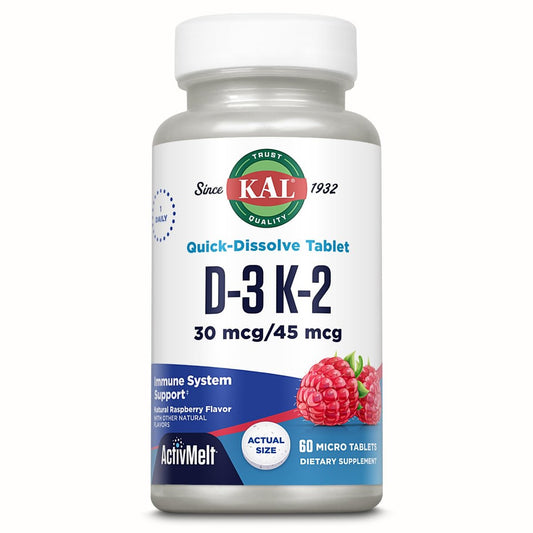KAL Vitamin D3 K2 ActivMelt – Immun-Unterstützung mit Vitamin D als D3 und MK7 Vitamin K2 für starke Knochen – Schmelztabletten, natürlicher Himbeergeschmack, 60-Tage-Garantie, 60 Portionen