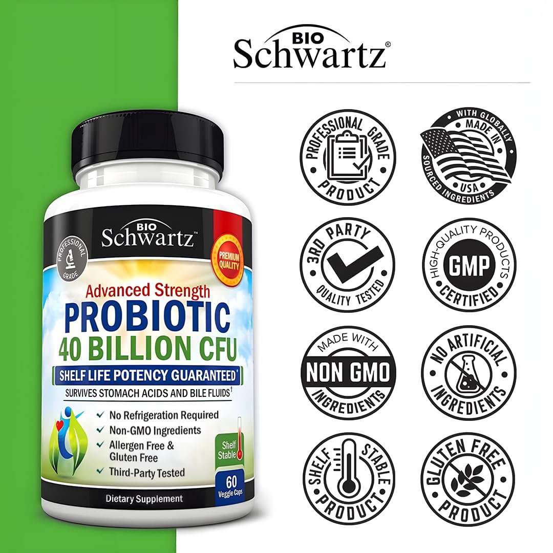 BioSchwartz Tägliches Probiotikum – 40 Milliarden KBE für die Darmgesundheit – Probiotika für Männer und Frauen – Verdauungsgesundheit mit Astragalus & Lactobacillus – Haltbar ohne Kühlung – 60 Kapseln