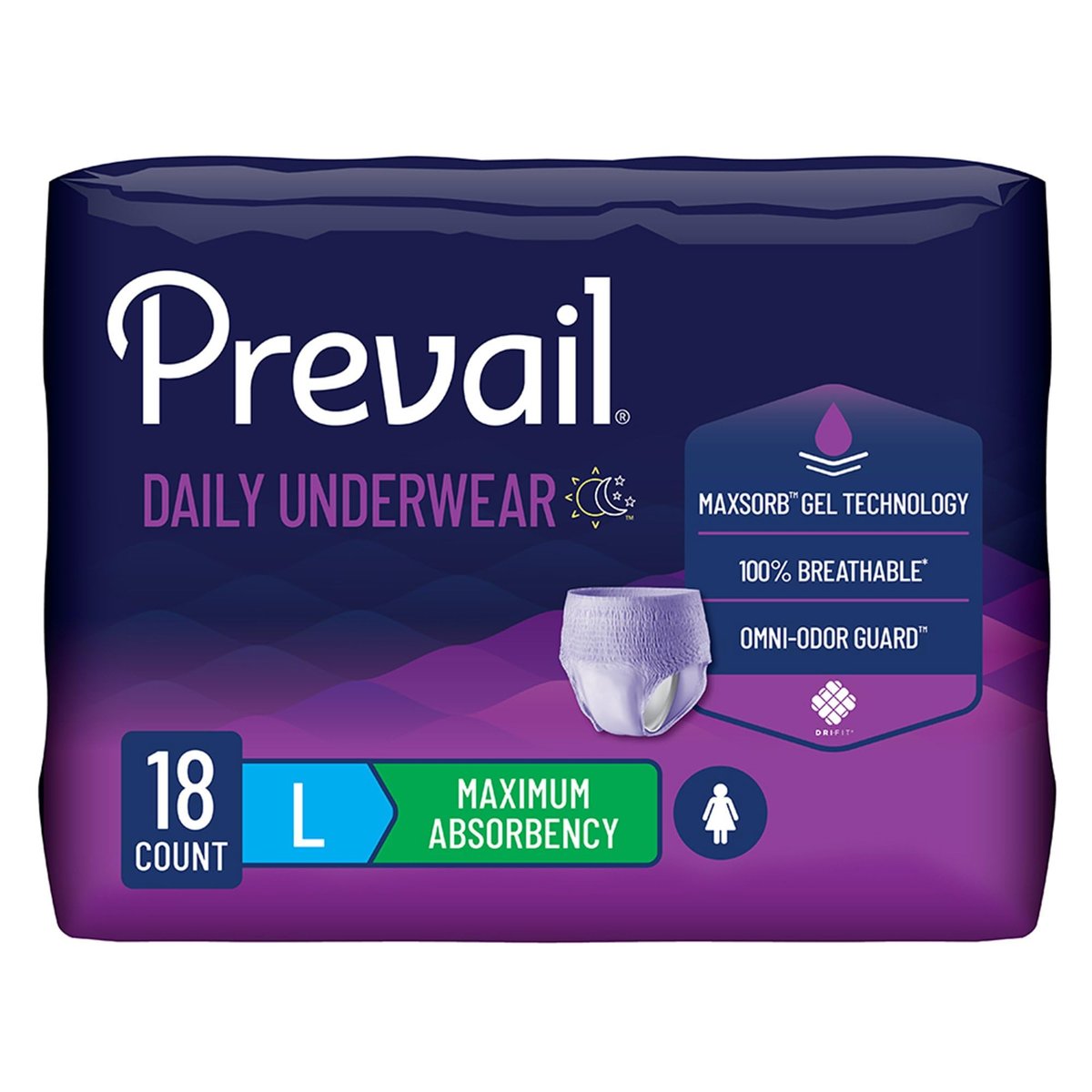 Prevail Maxi-Saugfähigkeit Inkontinenzunterwäsche für Damen, Größe Large, 18 Stück