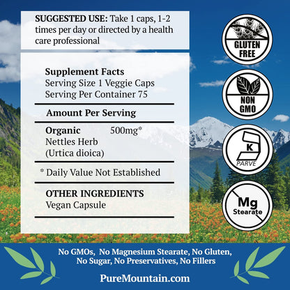 Pure Mountain Botanicals Brennnesselblatt Kapseln - 500 mg Bio-Nahrungsergänzung - 75 vegane Kapseln - Nicht-GVO, glutenfrei
