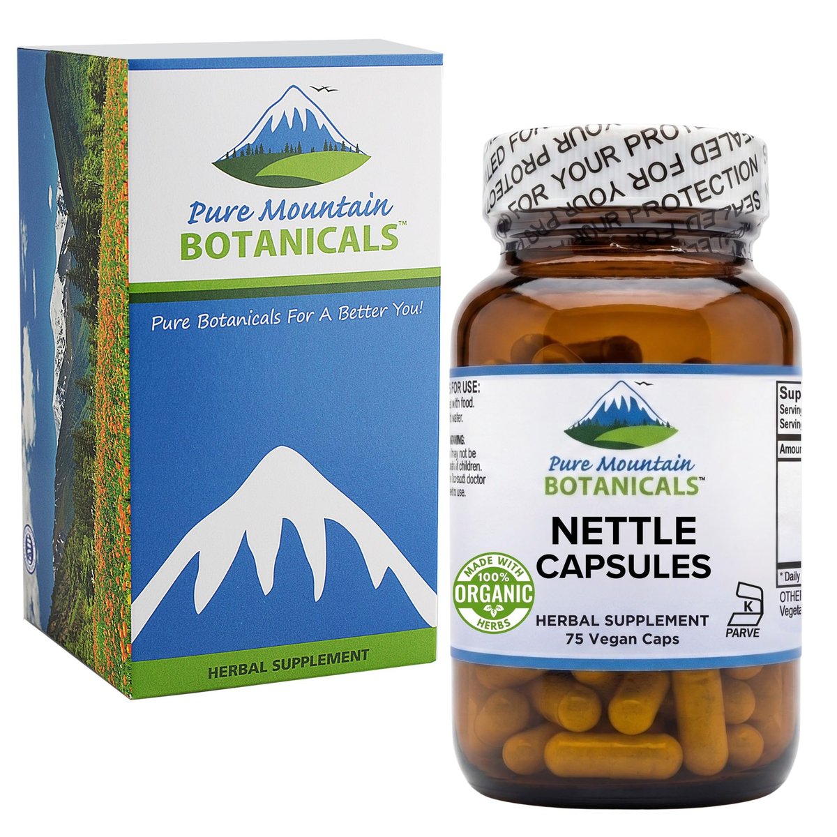 Pure Mountain Botanicals Brennnesselblatt Kapseln - 500 mg Bio-Nahrungsergänzung - 75 vegane Kapseln - Nicht-GVO, glutenfrei