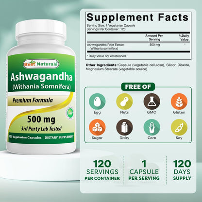 Best Naturals Ashwagandha Extrakt 500 mg, 120 Kapseln (2er-Pack)