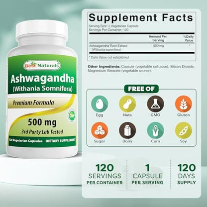 Best Naturals Ashwagandha Extrakt 500 mg, 120 Kapseln (2er-Pack)