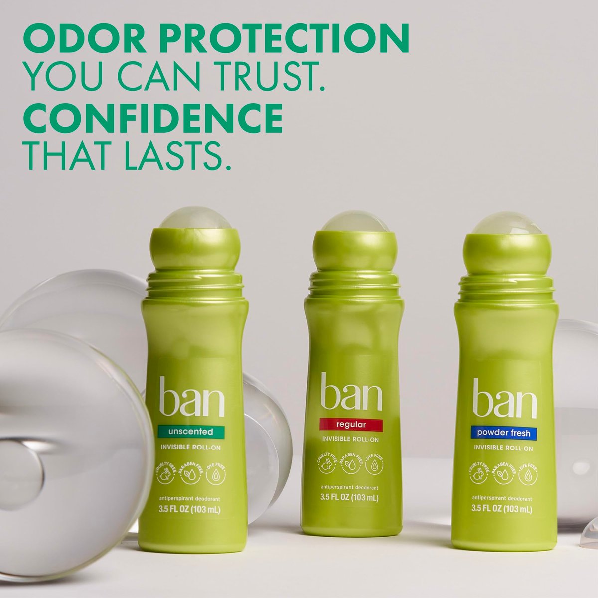 Ban Original Unscented 24-Stunden Antitranspirant, unscented, 3,5 oz Roll-On Deodorant, 4er-Pack, Schutz vor Achselnässe mit geruchsbekämpfenden Inhaltsstoffen