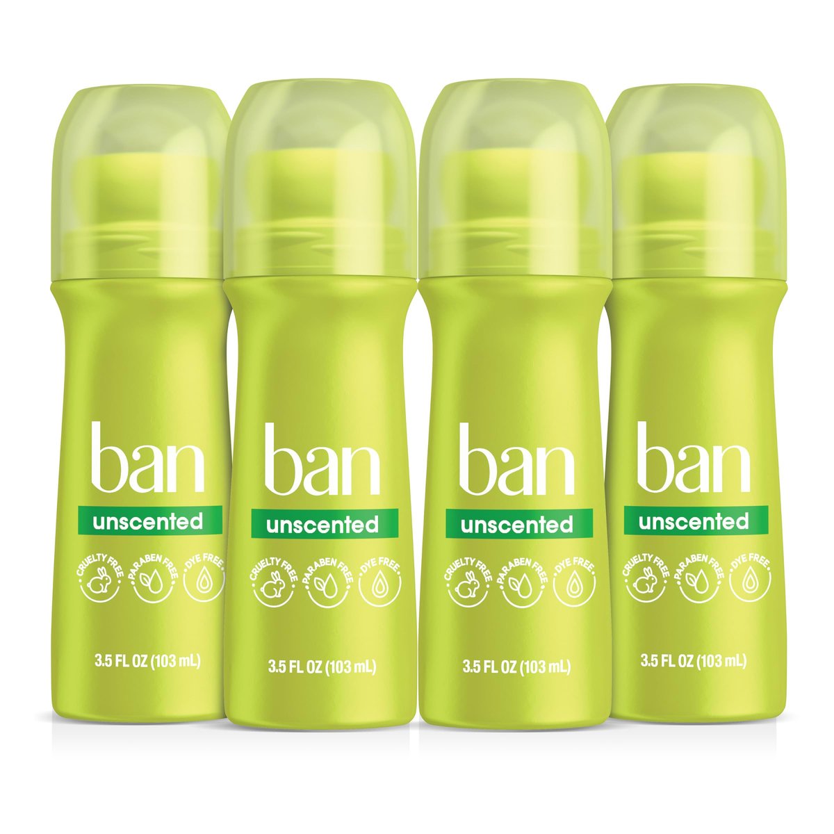 Ban Original Unscented 24-Stunden Antitranspirant, unscented, 3,5 oz Roll-On Deodorant, 4er-Pack, Schutz vor Achselnässe mit geruchsbekämpfenden Inhaltsstoffen