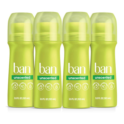 Ban Original Unscented 24-Stunden Antitranspirant, unscented, 3,5 oz Roll-On Deodorant, 4er-Pack, Schutz vor Achselnässe mit geruchsbekämpfenden Inhaltsstoffen
