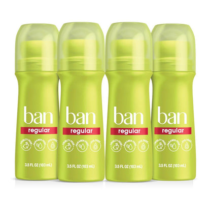 Ban Invisible Roll-on Antiperspirant Deodorant für Damen und Herren, 24-Stunden-Schutz vor Achselgeruch & Schweiß, Regular Scent, 3,5 Oz, 4er-Pack