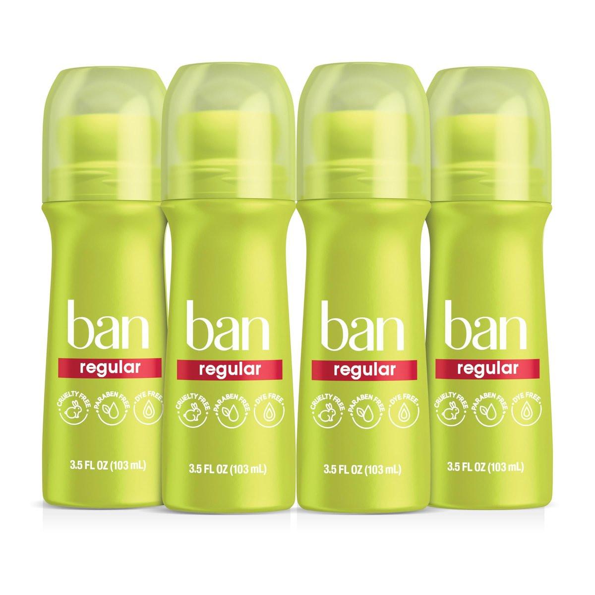 Ban Invisible Roll-on Antiperspirant Deodorant für Damen und Herren, 24-Stunden-Schutz vor Achselgeruch & Schweiß, Regular Scent, 3,5 Oz, 4er-Pack