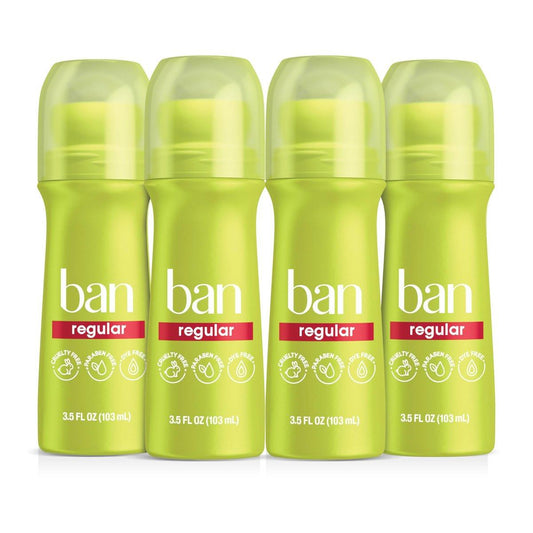 Ban Invisible Roll-on Antiperspirant Deodorant für Damen und Herren, 24-Stunden-Schutz vor Achselgeruch & Schweiß, Regular Scent, 3,5 Oz, 4er-Pack