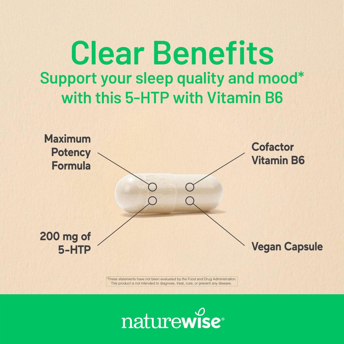 NatureWise 5-HTP 200 mg Nahrungsergänzungsmittel aus Griffonia-Samen mit Vitamin B6 – Stimmungsunterstützung und natürliche Schlafhilfe für Erwachsene – Verzögerte Freisetzung, vegan – 30 Kapseln (1-Monats-Vorrat)