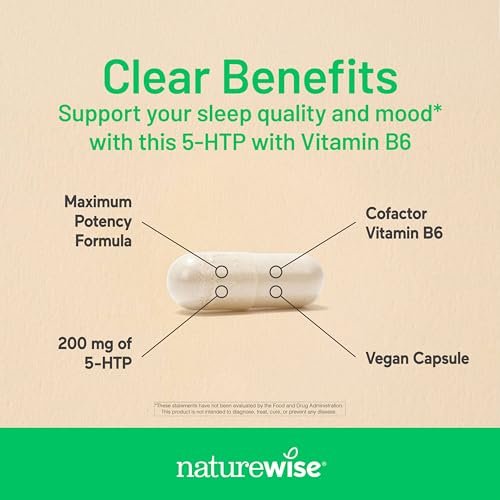 NatureWise 5-HTP 200 mg Nahrungsergänzungsmittel aus Griffonia-Samen mit Vitamin B6 – Stimmungsunterstützung und natürliche Schlafhilfe für Erwachsene – Verzögerte Freisetzung, vegan – 30 Kapseln (1-Monats-Vorrat)