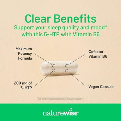 NatureWise 5-HTP 200 mg Nahrungsergänzungsmittel aus Griffonia-Samen mit Vitamin B6 – Stimmungsunterstützung und natürliche Schlafhilfe für Erwachsene – Verzögerte Freisetzung, vegan – 30 Kapseln (1-Monats-Vorrat)