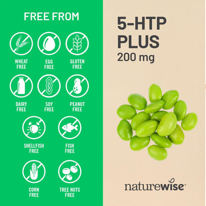 NatureWise 5-HTP 200 mg Nahrungsergänzungsmittel aus Griffonia-Samen mit Vitamin B6 – Stimmungsunterstützung und natürliche Schlafhilfe für Erwachsene – Verzögerte Freisetzung, vegan – 30 Kapseln (1-Monats-Vorrat)