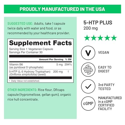 NatureWise 5-HTP 200 mg Nahrungsergänzungsmittel aus Griffonia-Samen mit Vitamin B6 – Stimmungsunterstützung und natürliche Schlafhilfe für Erwachsene – Verzögerte Freisetzung, vegan – 30 Kapseln (1-Monats-Vorrat)