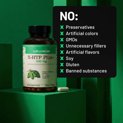 NatureWise 5-HTP 200 mg Nahrungsergänzungsmittel aus Griffonia-Samen mit Vitamin B6 – Stimmungsunterstützung und natürliche Schlafhilfe für Erwachsene – Verzögerte Freisetzung, vegan – 30 Kapseln (1-Monats-Vorrat)