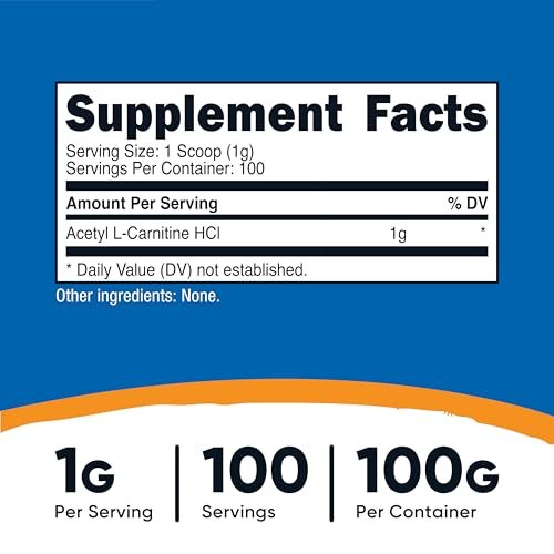 Nutricost Acetyl-L-Carnitin HCI (ALCAR) 100 g – 1 g pro Portion, geschmacksneutral, glutenfrei
