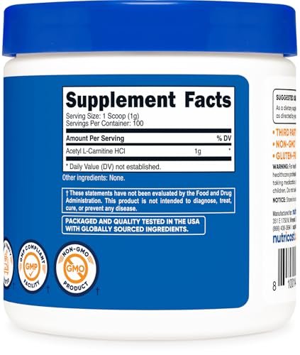 Nutricost Acetyl-L-Carnitin HCI (ALCAR) 100 g – 1 g pro Portion, geschmacksneutral, glutenfrei