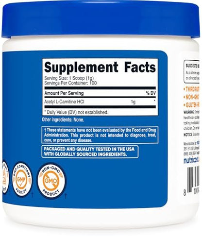 Nutricost Acetyl-L-Carnitin HCI (ALCAR) 100 g – 1 g pro Portion, geschmacksneutral, glutenfrei