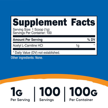 Nutricost Acetyl-L-Carnitin HCI (ALCAR) 100 g – 1 g pro Portion, geschmacksneutral, glutenfrei