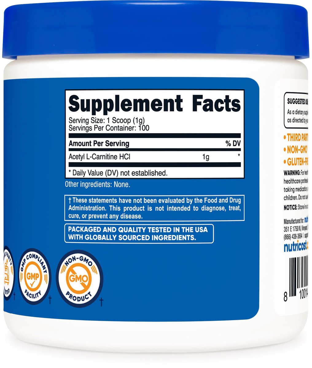 Nutricost Acetyl-L-Carnitin HCI (ALCAR) 100 g – 1 g pro Portion, geschmacksneutral, glutenfrei