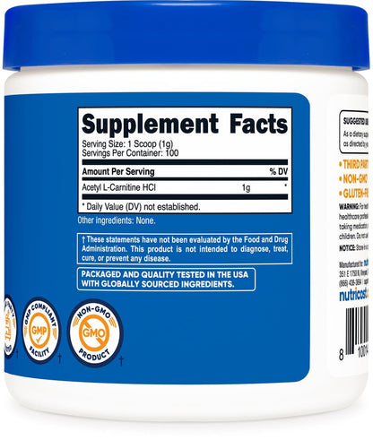 Nutricost Acetyl-L-Carnitin HCI (ALCAR) 100 g – 1 g pro Portion, geschmacksneutral, glutenfrei