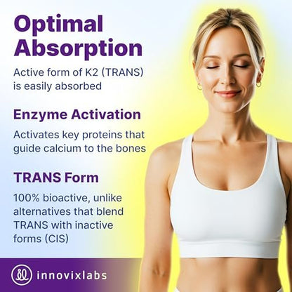 InnovixLabs Vollspektrum Vitamin K2-90 Weichkapseln mit 600 mcg Trans-Form MK7 und MK4 – Unterstützt die allgemeine Gesundheit und Knochenstärke – Soja- und glutenfreies K2-Vitaminpräparat