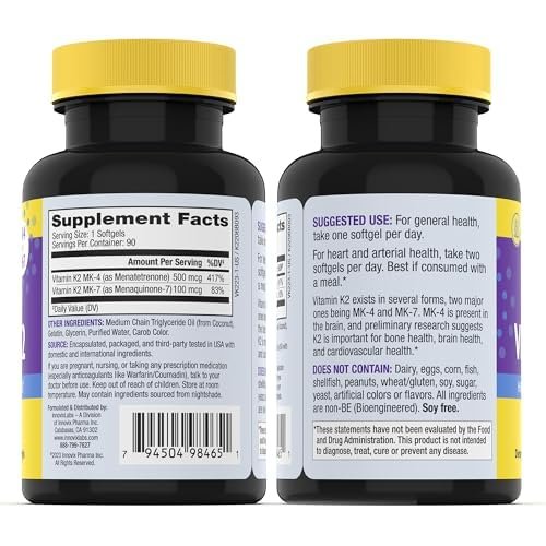 InnovixLabs Vollspektrum Vitamin K2-90 Weichkapseln mit 600 mcg Trans-Form MK7 und MK4 – Unterstützt die allgemeine Gesundheit und Knochenstärke – Soja- und glutenfreies K2-Vitaminpräparat