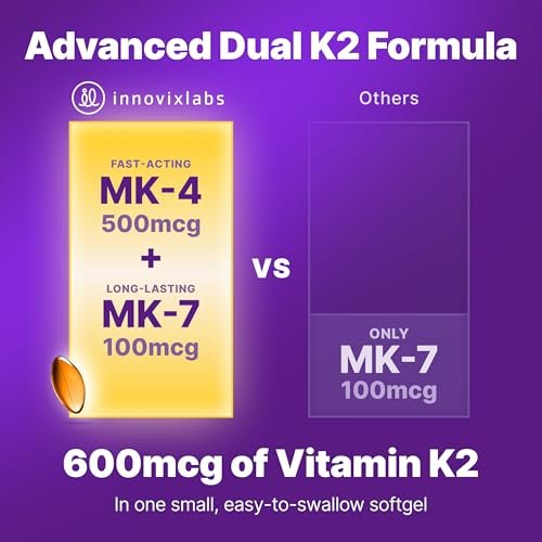 InnovixLabs Vollspektrum Vitamin K2-90 Weichkapseln mit 600 mcg Trans-Form MK7 und MK4 – Unterstützt die allgemeine Gesundheit und Knochenstärke – Soja- und glutenfreies K2-Vitaminpräparat
