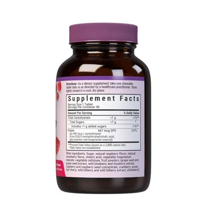 Bluebonnet EarthSweet Methylfolat 400 mcg – Bioaktives 5-MTHF Folsäure Supplement, Vegan, Glutenfrei, Himbeer-Geschmack – 90 Kautabletten