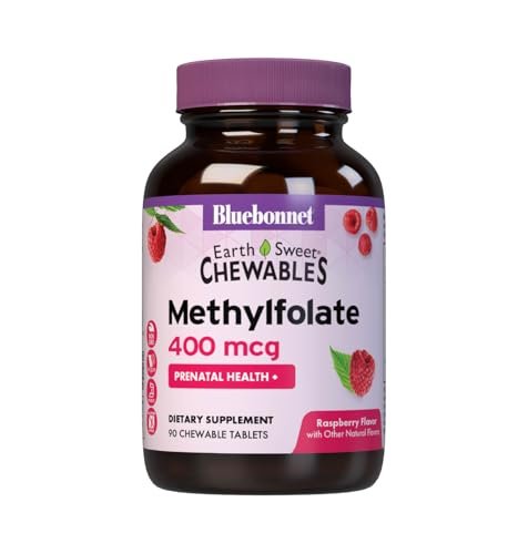 Bluebonnet EarthSweet Methylfolat 400 mcg – Bioaktives 5-MTHF Folsäure Supplement, Vegan, Glutenfrei, Himbeer-Geschmack – 90 Kautabletten