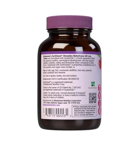 Bluebonnet EarthSweet Methylfolat 400 mcg – Bioaktives 5-MTHF Folsäure Supplement, Vegan, Glutenfrei, Himbeer-Geschmack – 90 Kautabletten