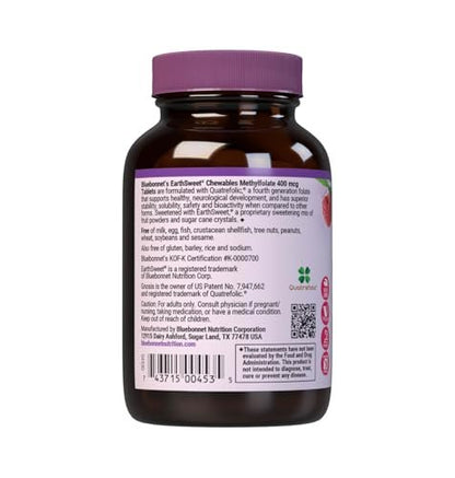 Bluebonnet EarthSweet Methylfolat 400 mcg – Bioaktives 5-MTHF Folsäure Supplement, Vegan, Glutenfrei, Himbeer-Geschmack – 90 Kautabletten