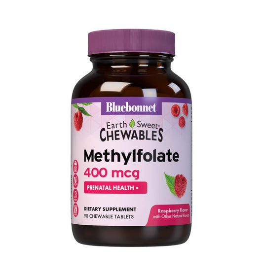 Bluebonnet EarthSweet Methylfolat 400 mcg – Bioaktives 5-MTHF Folsäure Supplement, Vegan, Glutenfrei, Himbeer-Geschmack – 90 Kautabletten