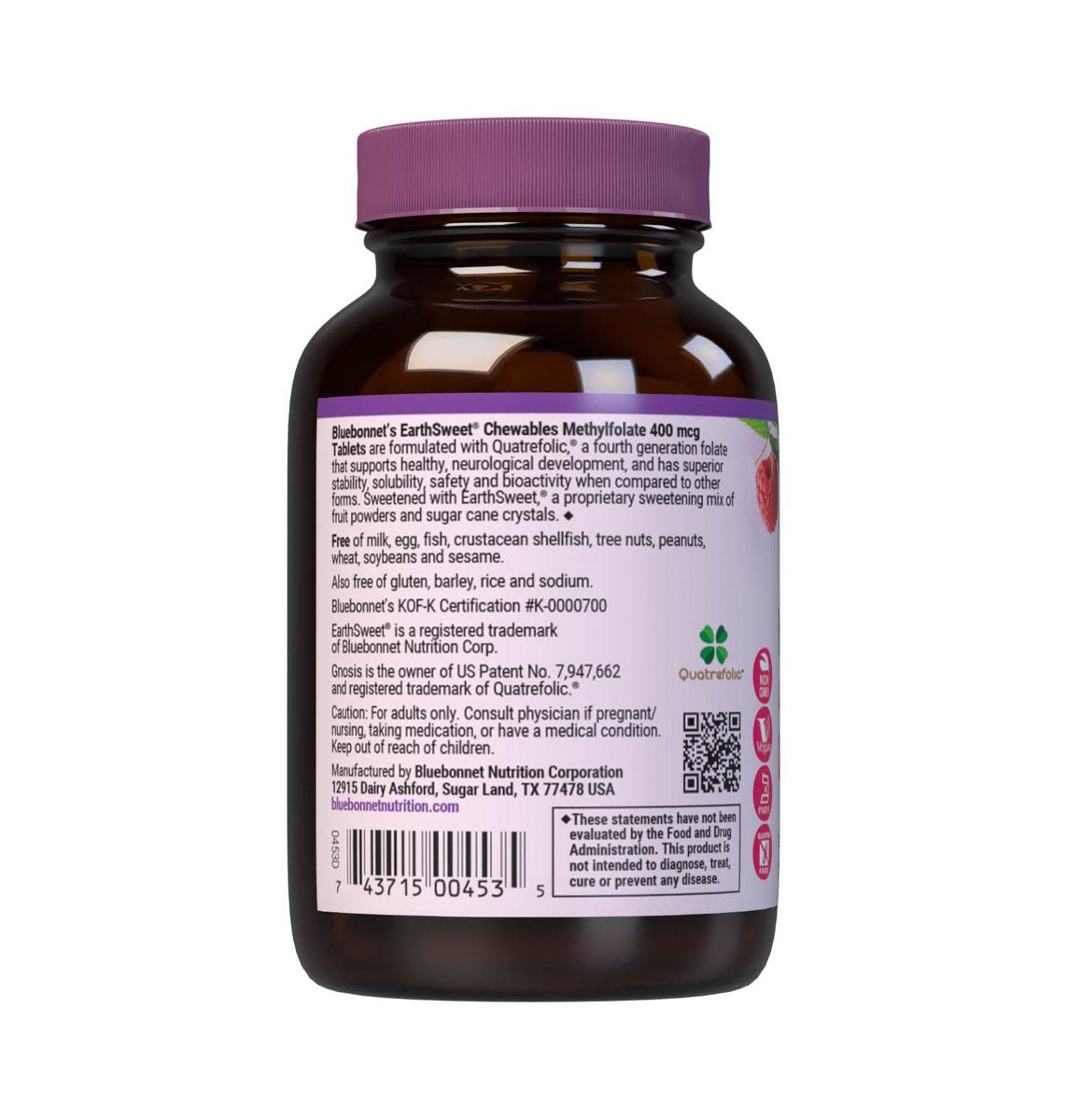 Bluebonnet EarthSweet Methylfolat 400 mcg – Bioaktives 5-MTHF Folsäure Supplement, Vegan, Glutenfrei, Himbeer-Geschmack – 90 Kautabletten