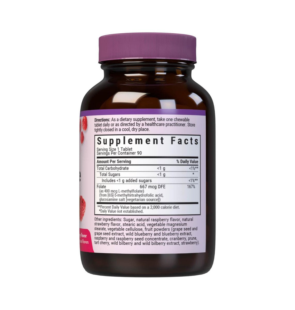 Bluebonnet EarthSweet Methylfolat 400 mcg – Bioaktives 5-MTHF Folsäure Supplement, Vegan, Glutenfrei, Himbeer-Geschmack – 90 Kautabletten