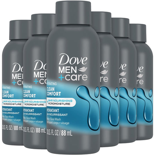 Dove Men+ Care Körper- und Gesichtsreinigung, Clean Comfort 6er-Pack – Feuchtigkeitsspendende Duschgel-Formel für gesunde, geschmeidige Haut, 3 Oz pro Flasche