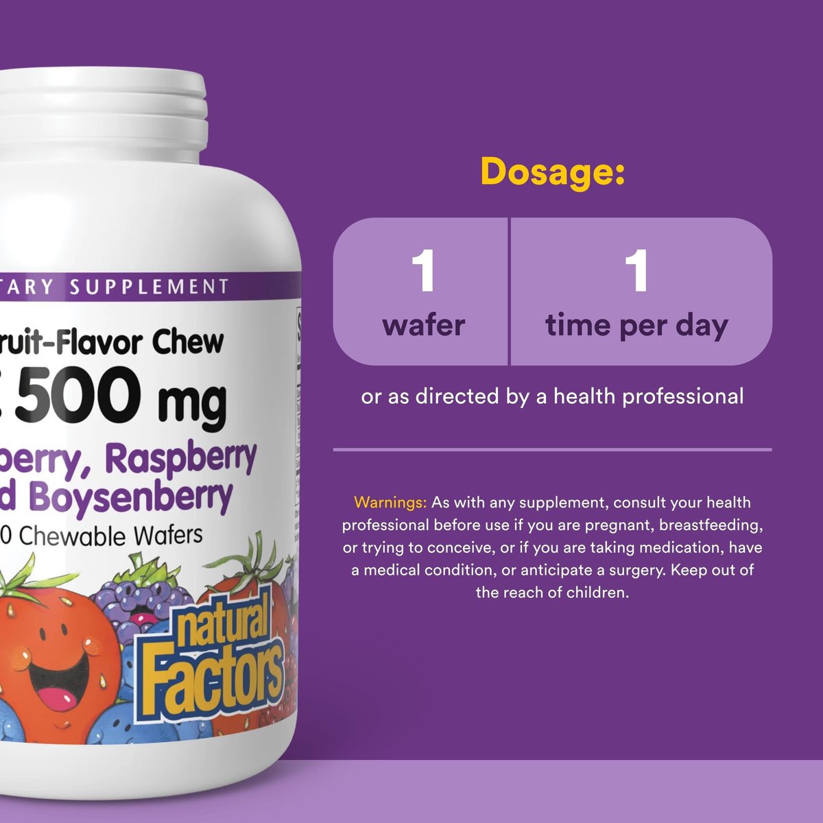 Natural Factors Kids Chewable Vitamin C 500 mg – Unterstützt Immunsystem, Knochen, Zähne und Zahnfleisch – Geschmack: Heidelbeere, Himbeere und Boysenbeere – 180 Kautabletten