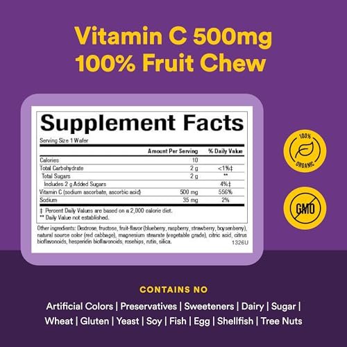 Natural Factors Kids Chewable Vitamin C 500 mg – Unterstützt Immunsystem, Knochen, Zähne und Zahnfleisch – Geschmack: Heidelbeere, Himbeere und Boysenbeere – 180 Kautabletten