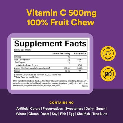 Natural Factors Kids Chewable Vitamin C 500 mg – Unterstützt Immunsystem, Knochen, Zähne und Zahnfleisch – Geschmack: Heidelbeere, Himbeere und Boysenbeere – 180 Kautabletten