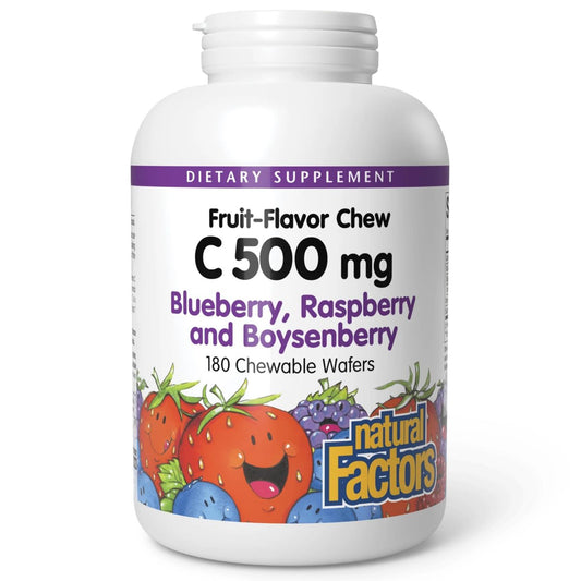 Natural Factors Kids Chewable Vitamin C 500 mg – Unterstützt Immunsystem, Knochen, Zähne und Zahnfleisch – Geschmack: Heidelbeere, Himbeere und Boysenbeere – 180 Kautabletten