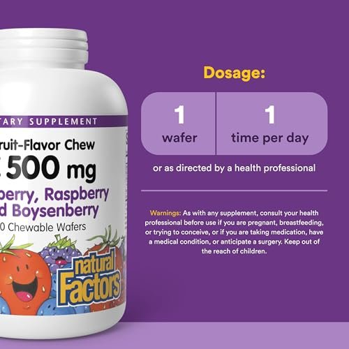 Natural Factors Kids Chewable Vitamin C 500 mg – Unterstützt Immunsystem, Knochen, Zähne und Zahnfleisch – Geschmack: Heidelbeere, Himbeere und Boysenbeere – 180 Kautabletten