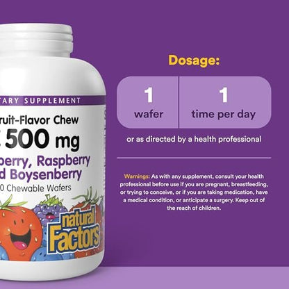 Natural Factors Kids Chewable Vitamin C 500 mg – Unterstützt Immunsystem, Knochen, Zähne und Zahnfleisch – Geschmack: Heidelbeere, Himbeere und Boysenbeere – 180 Kautabletten