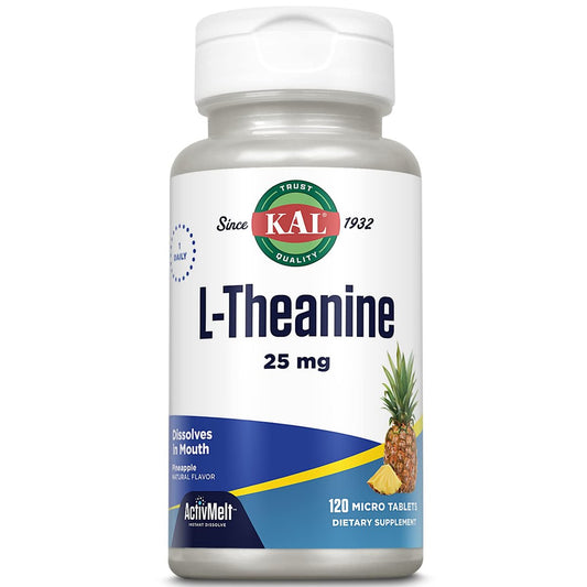 KAL L-Theanin 25 mg ActivMelt – Entspannung, Stressabbau, Stimmung & Fokus – leckerer natürlicher Ananasgeschmack mit Stevia – vegetarisch – 120 Portionen, 120 Mikro-Tabletten zum sofortigen Auflösen