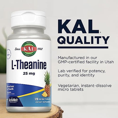 KAL L-Theanin 25 mg ActivMelt – Entspannung, Stressabbau, Stimmung & Fokus – leckerer natürlicher Ananasgeschmack mit Stevia – vegetarisch – 120 Portionen, 120 Mikro-Tabletten zum sofortigen Auflösen