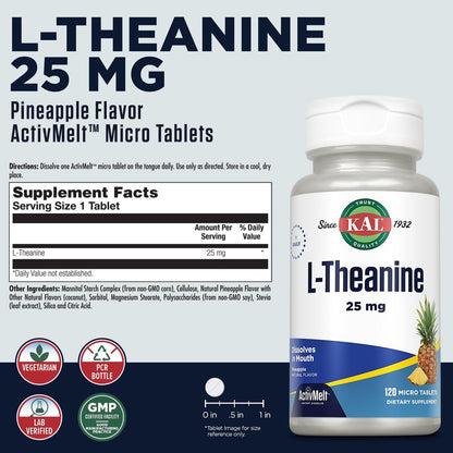 KAL L-Theanin 25 mg ActivMelt – Entspannung, Stressabbau, Stimmung & Fokus – leckerer natürlicher Ananasgeschmack mit Stevia – vegetarisch – 120 Portionen, 120 Mikro-Tabletten zum sofortigen Auflösen