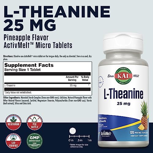 KAL L-Theanin 25 mg ActivMelt – Entspannung, Stressabbau, Stimmung & Fokus – leckerer natürlicher Ananasgeschmack mit Stevia – vegetarisch – 120 Portionen, 120 Mikro-Tabletten zum sofortigen Auflösen