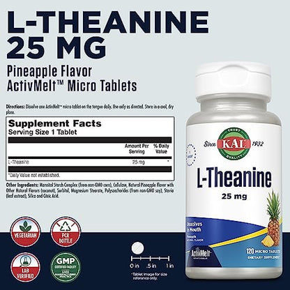 KAL L-Theanin 25 mg ActivMelt – Entspannung, Stressabbau, Stimmung & Fokus – leckerer natürlicher Ananasgeschmack mit Stevia – vegetarisch – 120 Portionen, 120 Mikro-Tabletten zum sofortigen Auflösen
