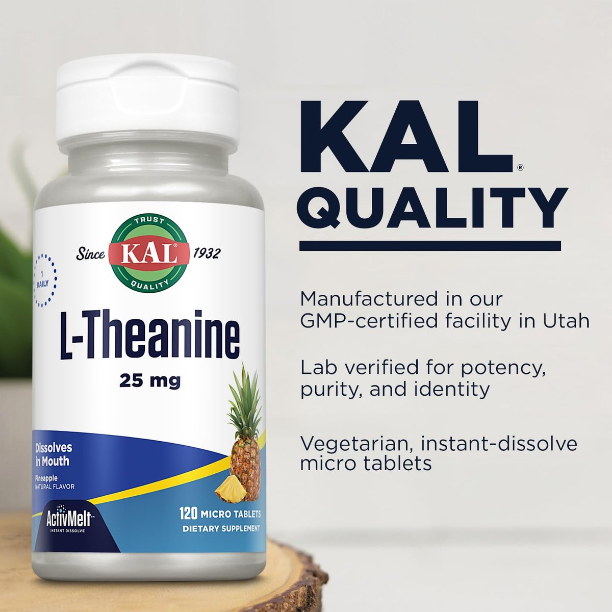 KAL L-Theanin 25 mg ActivMelt – Entspannung, Stressabbau, Stimmung & Fokus – leckerer natürlicher Ananasgeschmack mit Stevia – vegetarisch – 120 Portionen, 120 Mikro-Tabletten zum sofortigen Auflösen